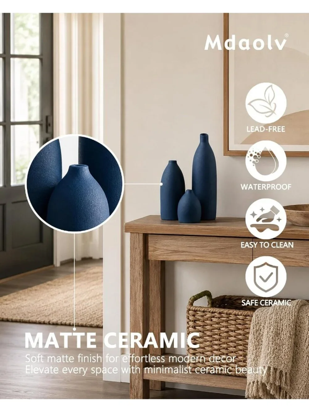 Matte Blue Vase Set Coastal Island Living Room Office Table Fireplace Shelf Deco